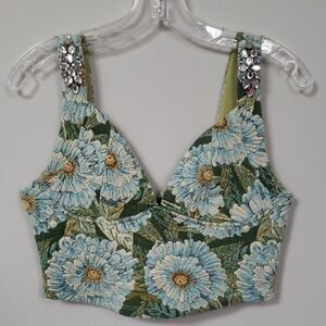 Zara Corset Top Womens Large Floral Green Blue Tapestry Crop Tank Cottagecore